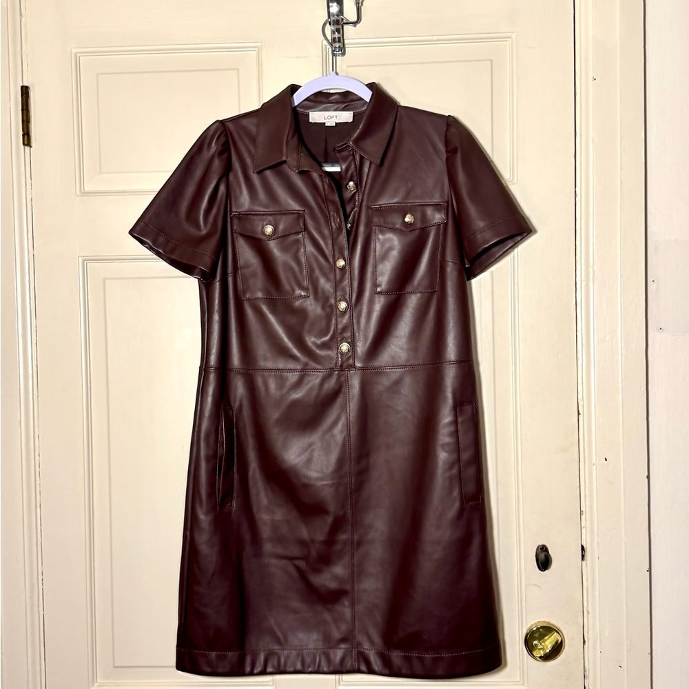 Brown Faux Leather Dress with Gold Buttons